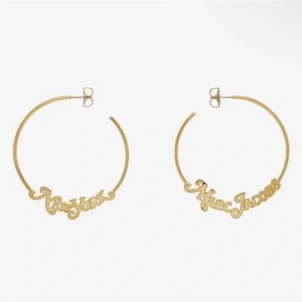 Marc Jacobs Gold Script New York Hoop Earrings Never Worn